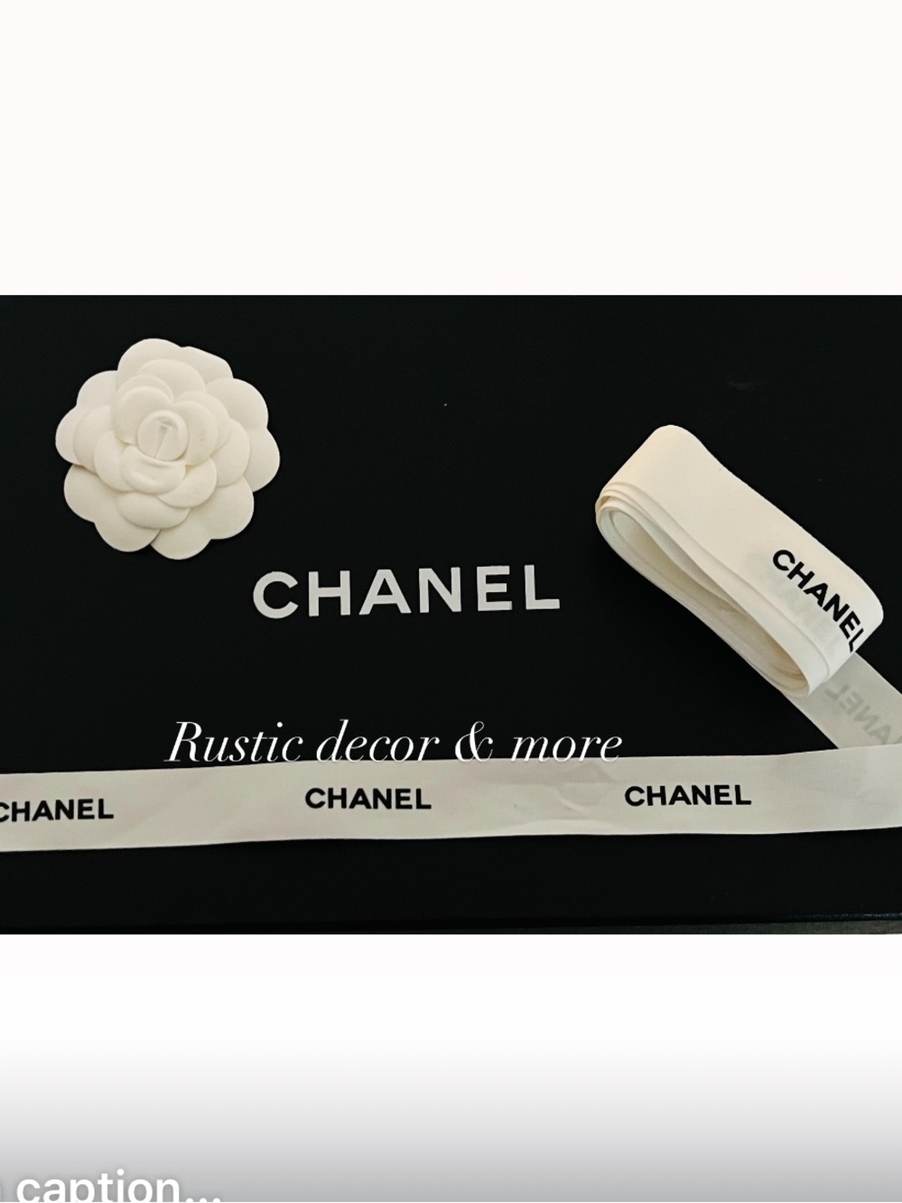 CHANEL White Grosgrain Ribbon with Black Logo and Camellia Accent